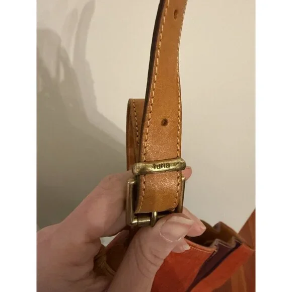 Furla vintage leather tote purse used purple orange color block bag - Picture 5 of 15